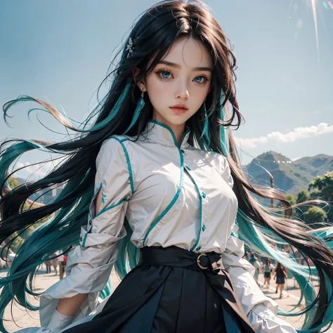 tmasterpiece，Best quality at best，the Extremely Detailed CG Unity 8K Wallpapers，In the daytime， White skin of the，long eyelasher, Long hair and waist，Pitch-black hair, Gradient hair, The ends of the hair are blue-green，Turquoise eyes，hair straight, White s...