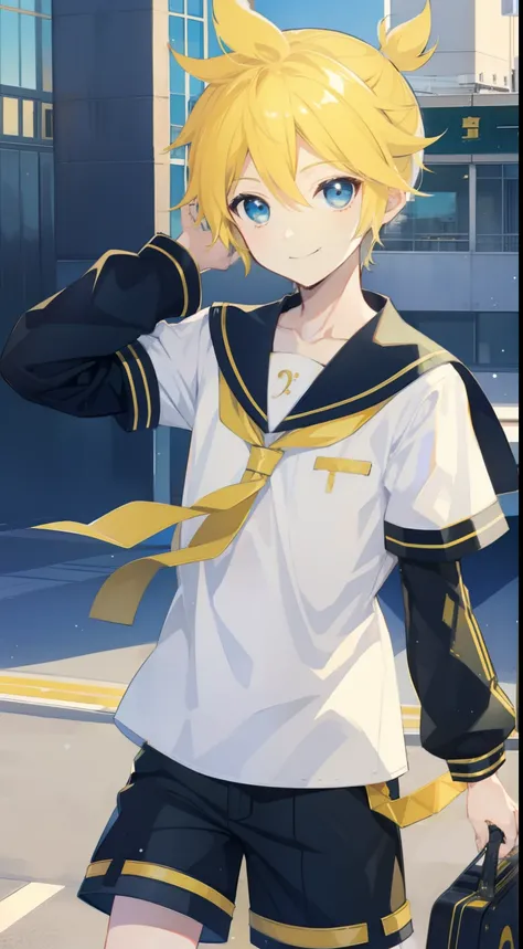 one boy, len_kagamine, sailor uniform, short pants, smile, cool, outdoor, character focus, cowboy shot, lovely boy