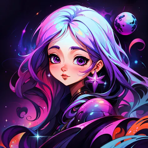 adesivo, fundo simples, portrait, girl with long hair, beautiful galaxy girl, galaxy aesthetic, beautiful girl, very beautiful fantasy art, beautiful and elegant female galaxy, beautiful detailed fantasy, purple and blue color palate, purple color-theme