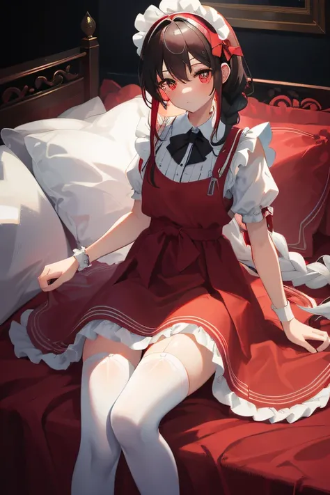 On a very large red bed, Gray pillows, White light, There is one girl, sit on a bed, Wearing a black and red princess dress, black lence stockings, A red bow is tied around the waist, There is a red band on the wrist, red color eyes, cabelos preto e longos...