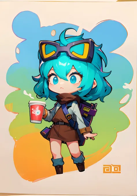 A painting of a girl holding a cup of coffee in her hand，hero 2 d fanart artsation，Cute girls，Q version，right structure