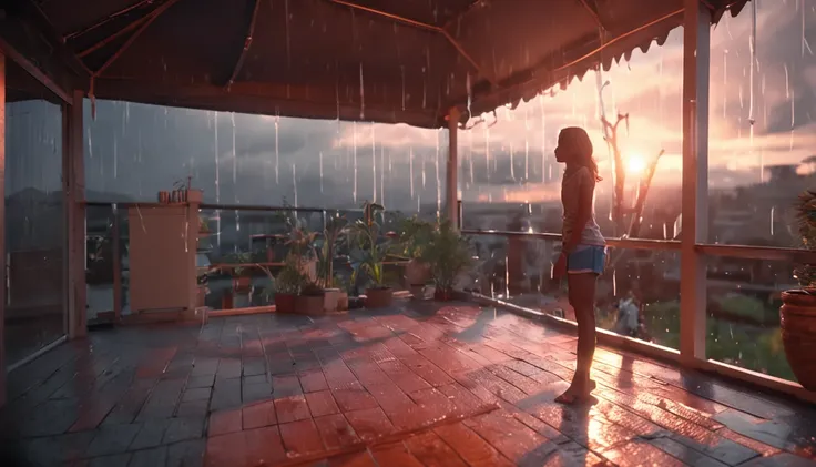 Beautiful girl enjoying rain on the roof of a house at sunset, 8K, Photorealistic