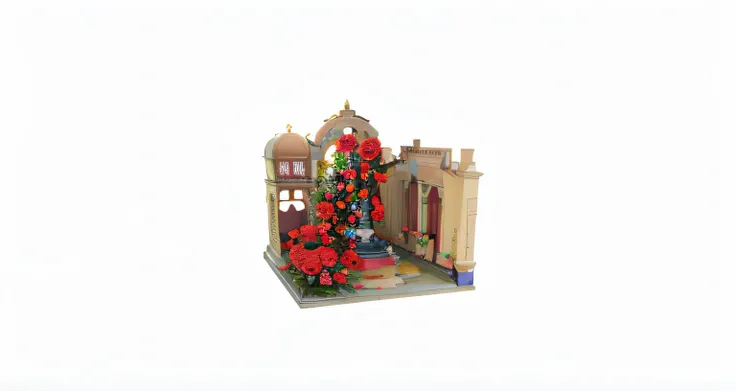 There is a small model of a building with a fountain, the grand temple of flowers, flower shop scene, magister, portal made of roses, Rose garden, detailed intricate render, urban plaza, By senior artists, victorian city, magicavoxel cinematic lighting, es...