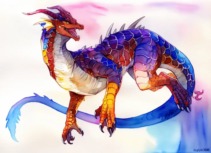 drak，Anthropomorphic dragons，Delicate scales，sharp talons, Smooth white background，sunny clear sky，watercolor paiting，Vivid colors，High contrast，Cute dragon