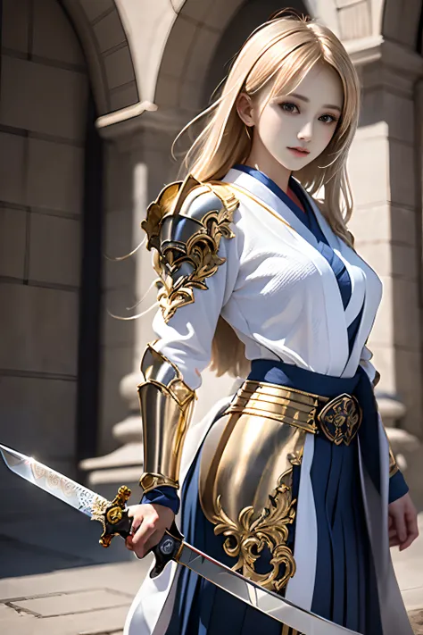 Women like Joan of Arc、Knights,，Gold Armor，With a sword and shield，Royal style，Comic style, , Sub-surface scattering, ornate detail, nature backdrop, Hyper-realistic, Cinematic, Dramatic Lighting, masutepiece、((Kimono Cosplay))、((Hold the sword:1.2))