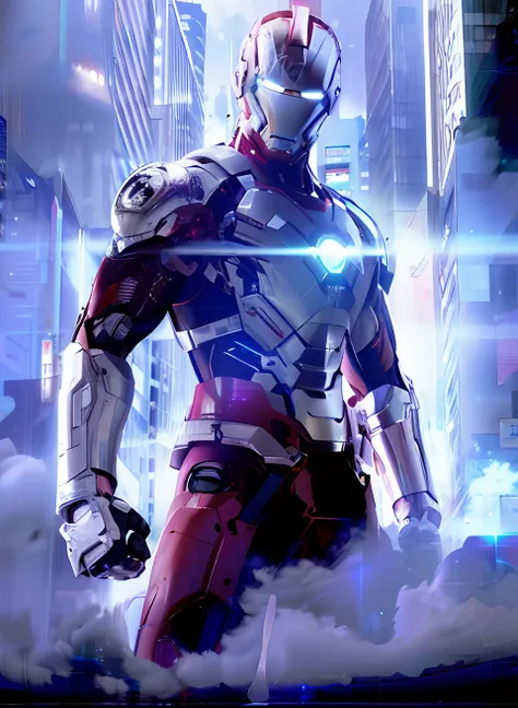 Close-up of a man in a suit，The background is a city, cyberpunk iron man, Ultraman, White and red armor, movie still of a cool cyborg, hq 4k phone wallpaper, white superior iron man, superior iron man, covered in full silver armor, like ironman, science fi...