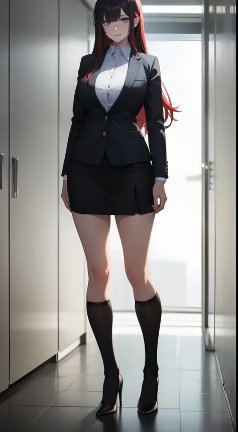 Women, office clothes, tight clothes, short black skirt, white button down shirt, thick thighs, black high heels, athletic, very long hair, black and red two tone hair, smile, blue eyes, shiny eyes, standing, hands behind back, in office, high resolution, ...