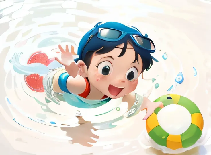 Cartoon boy swimming in water with life buoy, Cute boy, Swimming, kiddy big breasts, tchibi, summer swimming party, Cute girl, kid, jinyiwei, high quality illustration, gofl course and swimming, Cute woman, Li Zixin, cute artwork, pool, Beginner, inflatabl...