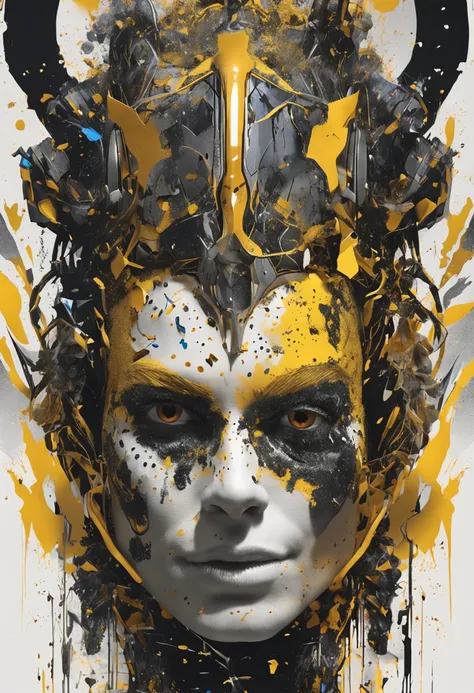 1man, good shape, a surreal paint splatter painting of the kinginyellow wearing a cloak and a mask, antlers, crown, cosmic background, gold and white and black color scheme, a bad woman in a futuristic suit with a ((skeleton head)) ((which disintegrates)),...