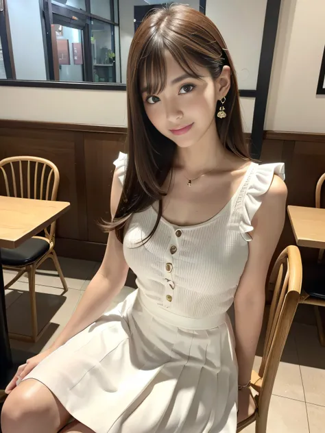 8K、Raw photography、(masuter piece:1.2)、(Photorealsitic:1.2)、(best qualtiy)、((Sleeveless with white frills))、((Adult woman in floral white skirt))、((japanes、30-years old))、Light brown hair in one woman、((full body Esbian))、make - up、Smart body、A smile、Poses...