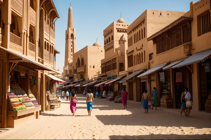 "A vibrant and bustling desert city with towering sand dunes, intricate architecture, lively markets, and a mix of traditional and modern elements."