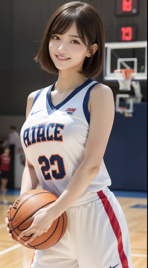 masutepiece, Best Quality, Illustration, Ultra-detailed, finely detail, hight resolution, 8K Wallpapers, Perfect dynamic composition, Beautiful detailed eyes, Medium Hair, mid-chest, Natural Color Lip, Random and sexy poses,Smile,Playing basketball、Basketb...