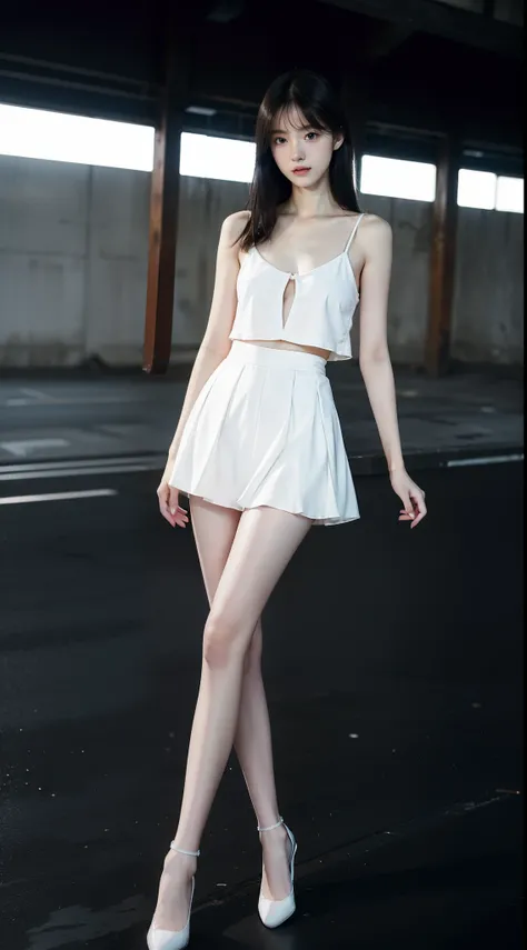 top Quority，Ultra-clear resolution，Clear  eyes，plain face，s the perfect face，White skin，Perfect chest，with perfect legs，Long legs，Short black style skirt，Random environment