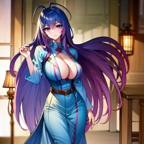 (masterpiece:1.2), mistress, best quality, ultra high res, shiny skin, sexy, fashi-g, mature female, ultra high res, best shadow, best quality, ((1girl, solo)), hair ornament, branch, long hair, huge breasts, smile, looking at viewer, very long hair, blue ...