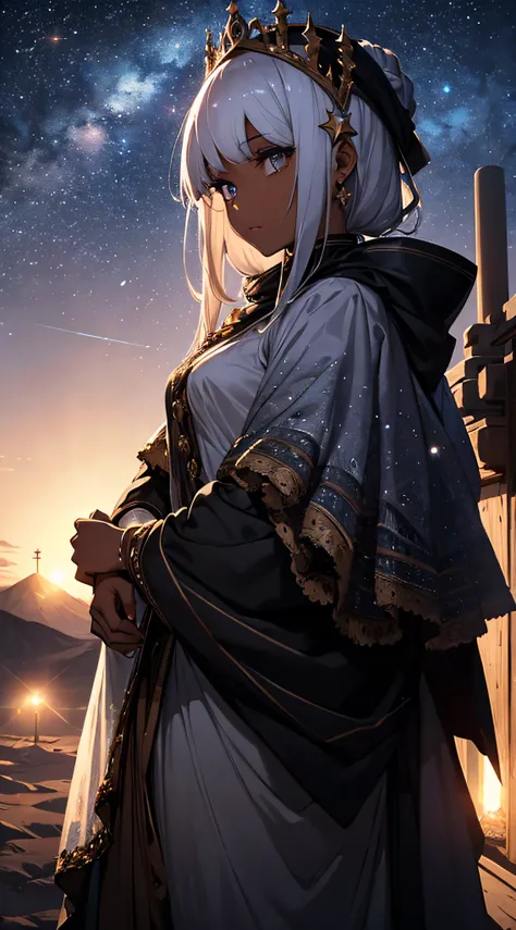 It depicts a scene in the desert on a moonlit night with a hazy haze, and a princess gazing at the landscape from her camp. Her outfit is delicate and beautifully designed, and she is clad in enough to keep out the chill of the desert night. A star-filled ...