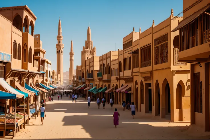 "A vibrant and bustling desert city with towering sand dunes, intricate architecture, lively markets, and a mix of traditional and modern elements."