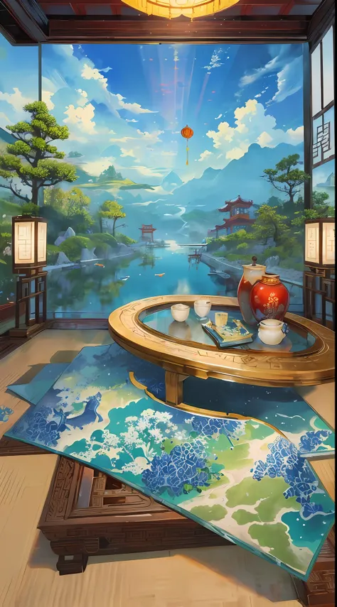 The game scene, the ancient Chinese palace is located above the clouds, surrounded by clouds and mist, majestic, glazed tiles, colorful rays of light, ((color ink)),((splash ink)),((splash ink) ink}) ), masterpiece, high quality, Refined graphics, high det...