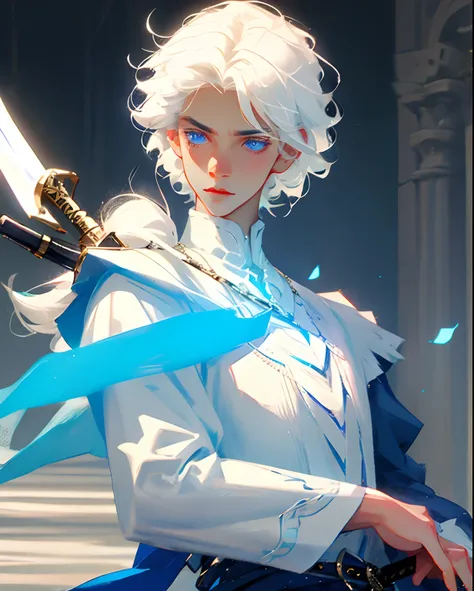 Boy with white hair, Blue eyes and white eyelashes，holdingsword