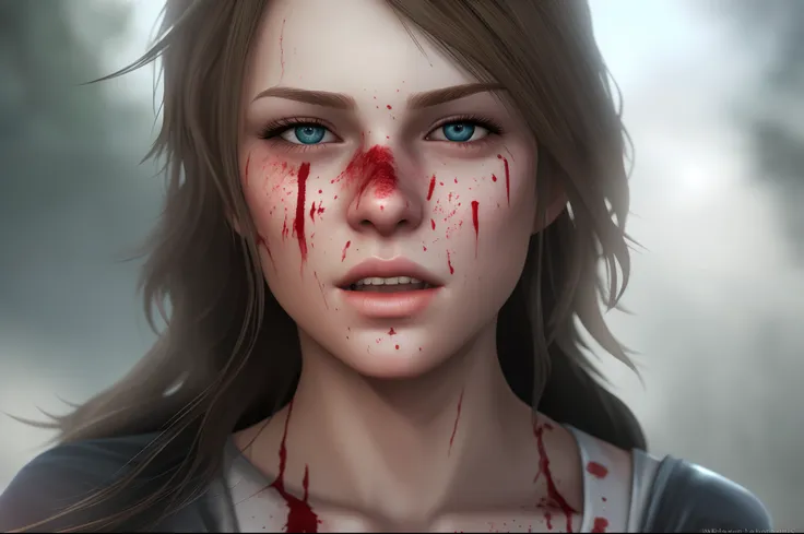 hyper-realistic Emily character, bleeding from her face, realistic textures, detailed face, by Meagan Spooner, rpg character