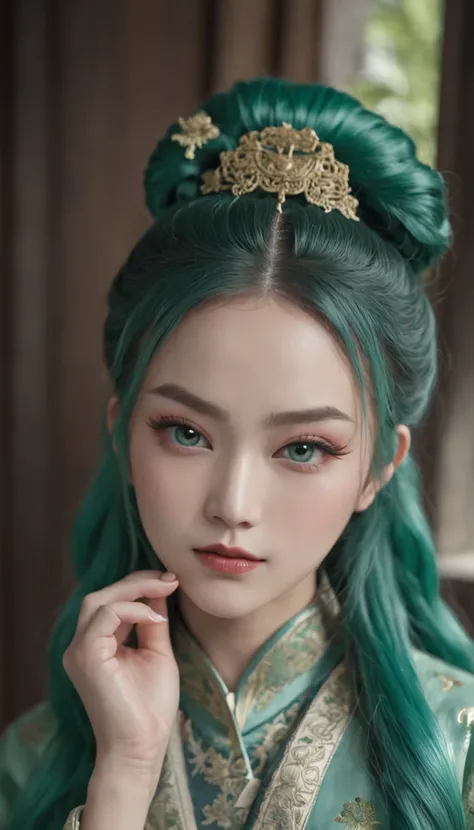 Beauty with green hair，blue colored eyes，Wearing green Chinese antique clothing，Detal Face，Best Masterpiece，超高分辨率