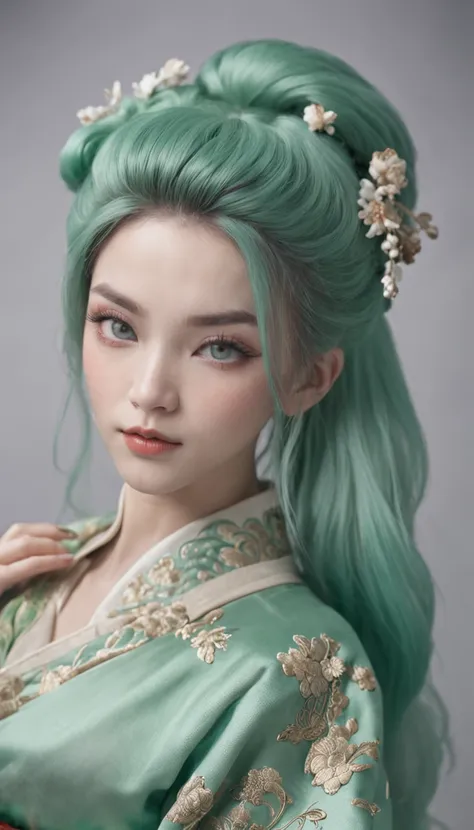 Beauty with green hair，blue colored eyes，Wearing green Chinese antique clothing，Detal Face，Best Masterpiece，超高分辨率