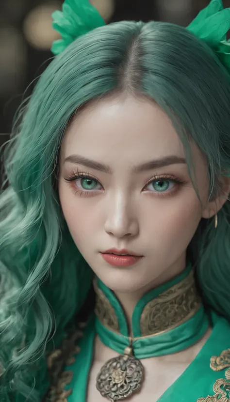 Beauty with green hair，blue colored eyes，Wearing green Chinese antique clothing，Detal Face，Best Masterpiece，超高分辨率