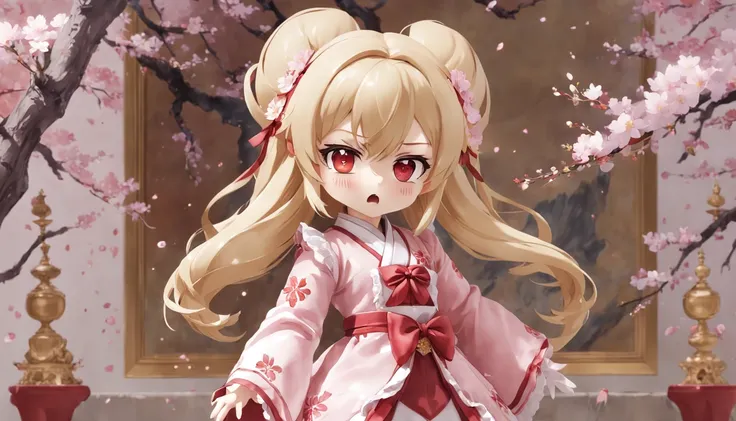 Doll standing in front of the painting, blonde, angry face, Sengai, pixiv, rococo, dolfie dream, watercolor Nendoroid, (high definition figure), flowing cherry colored silk, nendroid, highly_detailed!!, cherry blossom petals, flowing cherry blossom silk, s...