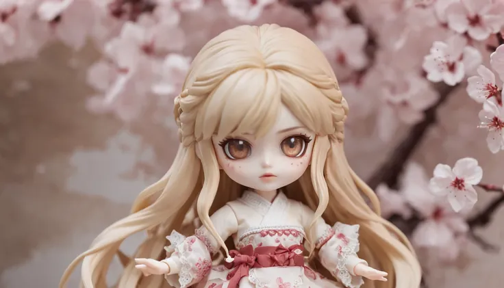 Doll standing in front of the painting, blonde, angry face, Sengai, pixiv, rococo, dolfie dream, watercolor Nendoroid, (high definition figure), flowing cherry colored silk, nendroid, highly_detailed!!, cherry blossom petals, flowing cherry blossom silk, s...