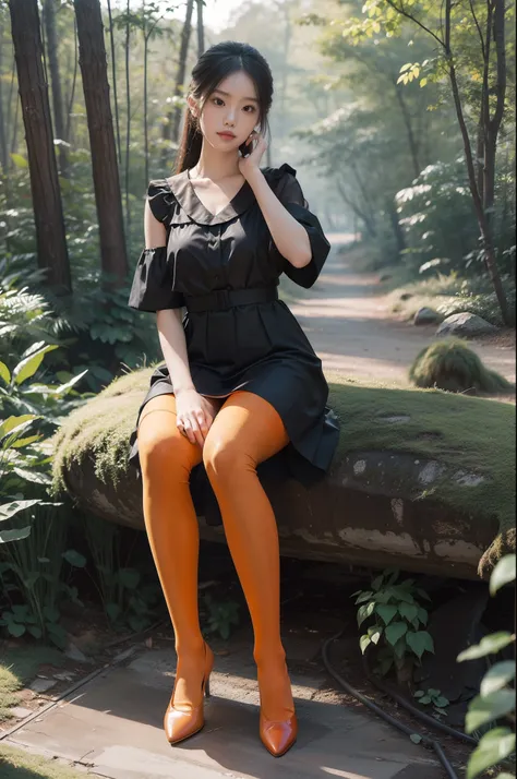 (full body:1.5)，(1girl:1.3),(view the viewer:1.4)，(anatomy correct:1.3),(sitting in the forest:1.2),(Wearing a school Style Dress:1.2),(Opaque orange pantyhose:1.3),( girl pointed thick heels :1.1)，(Accurate and perfect face:1.3),(Long legs:1.3),hyper HD, ...