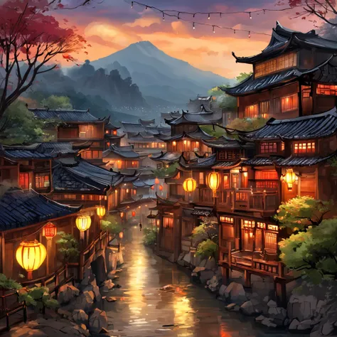 arafed view of a village with a lot of lights on the buildings, dreamy chinese town, chinese village, amazing wallpaper, japanese town, japanese village, hyper realistic photo of a town, old asian village, japanese city, by Raymond Han, rainy evening, cybe...