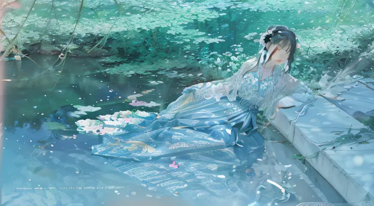 Anime scene of a woman sitting on a ledge with a pond, Guviz, by Yang J, A beautiful artwork illustration, Beautiful anime artwork, Palace ， A girl in Hanfu, By Yuumei, Beautiful anime art, beautiful anime scenes, anime beautiful peace scene, serene illust...