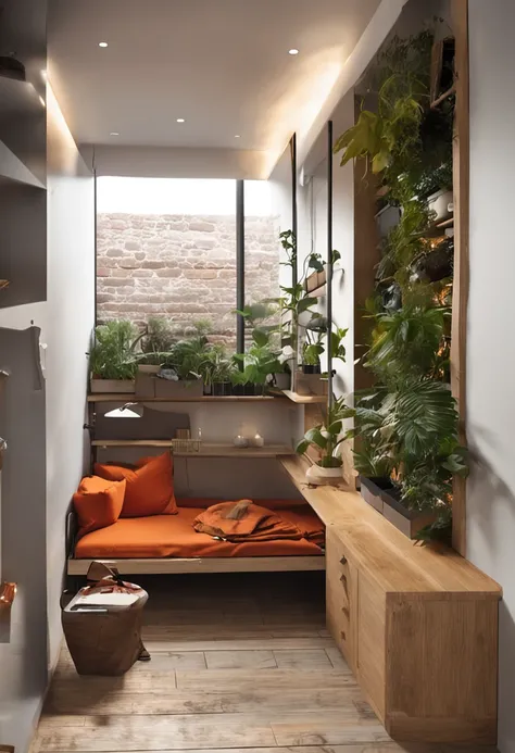 Imagine a room of limited space, mas com um design moderno e funcional. How would you optimize the use of space to accommodate the essential furniture and still create a small interior garden as a focal point?? Descreva como os elementos de design se unem ...