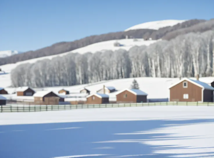 In the background is a snowy field，There are fences and houses, snow landscape background, Snowy environment, The background is blurred out, blurry photo, blurred environment background, out - of - focus background, out of focus background, background out ...