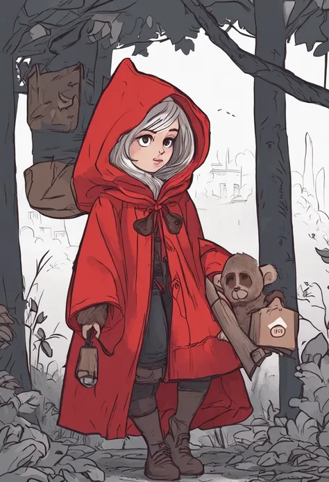 A cartoon girl in a red robe holds a flashlight and a teddy bear, littleredridinghood, littleredridinghood, Wearing a beautiful red robe, official fanart, fairy-tale illustration style, thief red riding hood, Fanart ", detailed fanart, Inspired by Claire H...