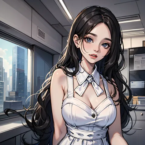 A woman with long black hair, wearing a white dress, in office, 4K, high resolution