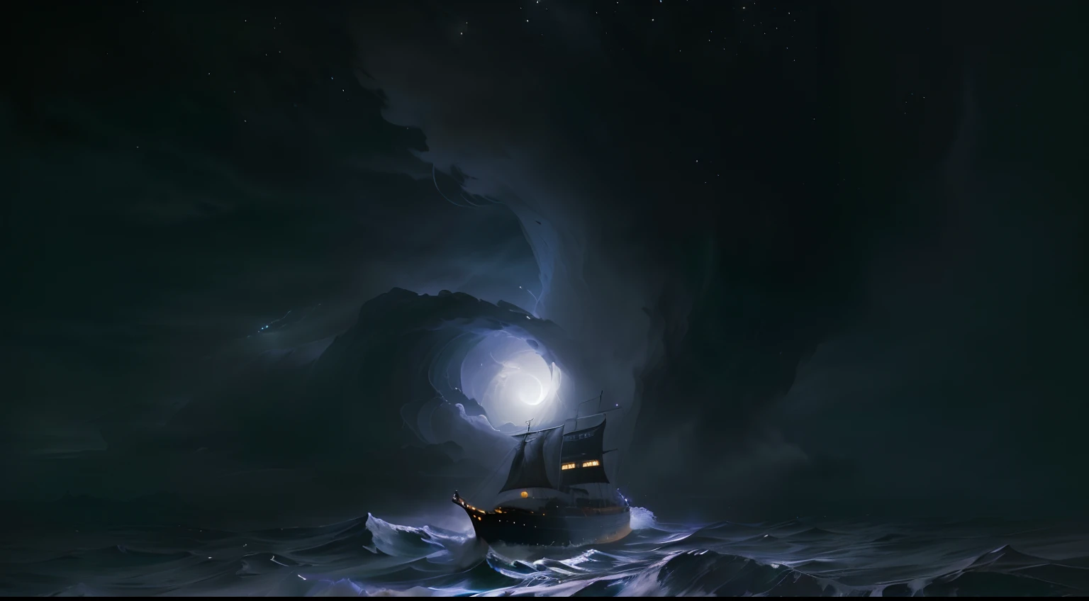 Draw a boat in a body of water，There is a lamp at the end, a ship lost in a storm, night sea storm, standing in a maelstrom, dark atmosphere illustration, Wild sea storm at night, Eye of the storm, stefan koidl inspired, swirles, inspired by Ivan Aivazovsk...