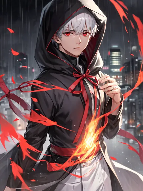 kk, Best quality, More details, Mastery, 1boy, kaneki ken, Portrait, Male focus, Red eyes, Solo, bangs, view the viewer, Hood, Short hair, rain, tokyo tokyo (City), hijabi sluty，Nail polishing，whaite hair，luxury goods，8K，the detail，Ray traching，depth of fi...