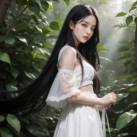 （A girl with long black hair）（Long hair and waist，Half tied hair）（Delicate and beautiful face）（with fair skin）（Wear a white gauze skirt）（solid circle eyes）（In a tree-lined forest）（Light shines through the gaps in the leaves, forming the Tyndall effect）（A h...