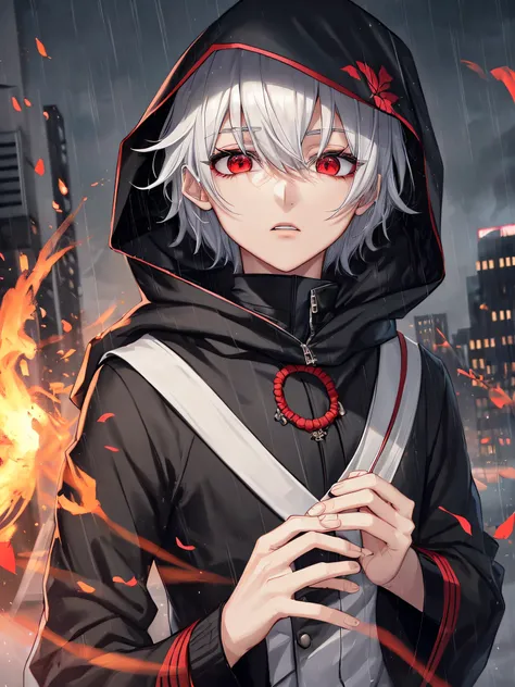 kk, Best quality, More details, Mastery, 1boy, kaneki ken, Portrait, Male focus, Red eyes, Solo, bangs, view the viewer, Hood, Short hair, rain, tokyo tokyo (City), hijabi sluty，Nail polishing，whaite hair，luxury goods，8K，the detail，Ray traching，depth of fi...