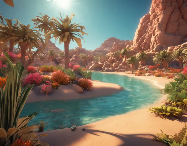 Masterpiece, Best quality, High quality, Extremely detailed Cg Unity 8K wallpaper, Charming and dreamy desert oasis scene, with palm trees, The hidden fairytale valley creates a sense of mystery and charm, art  stations, Intricate, Trendy, Award-winning ph...