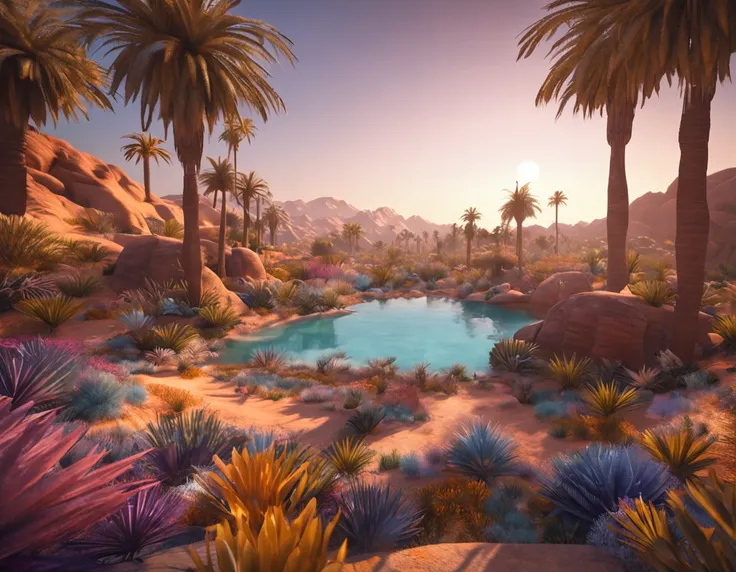 Masterpiece, Best quality, High quality, Extremely detailed Cg Unity 8K wallpaper, Charming and dreamy desert oasis scene, with palm trees, The hidden fairytale valley creates a sense of mystery and charm, art  stations, Intricate, Trendy, Award-winning ph...