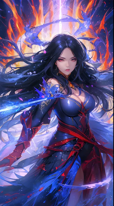 "1girl with black hair and red eyes, embodying the essence of an ice witch. She is surrounded by swirling blood and illuminated by mesmerizing light particles and rays. The background is a captivating wallpaper with high contrast and vibrant colors. A maje...