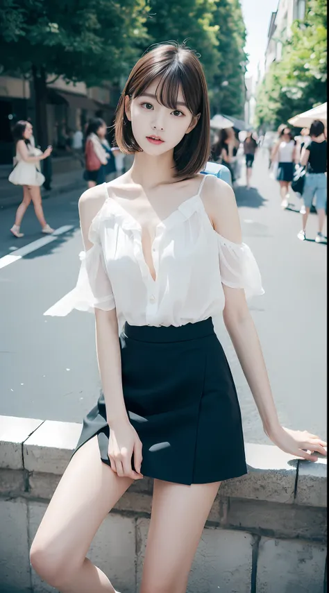 top Quority，Ultra-clear resolution，Clear  eyes，plain face，s the perfect face，White skin，Perfect chest，with perfect legs，Long legs，Short black style skirt，Random environment