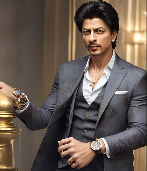 ultra detailed 8k cg, handsome man, suit, formal, looking at viewer, gold watch, looking at viewer, in shah rukh khan hands