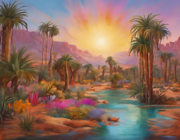 Masterpiece, Best quality, High quality, Extremely detailed Cg Unity 8K wallpaper, Charming and dreamy desert oasis scene, with palm trees, The hidden fairytale valley creates a sense of mystery and charm, art  stations, Intricate, Trendy, Award-winning ph...