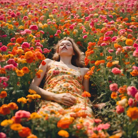 Arapei woman lying in a flower bed in a flower field, The album cover was inspired by Ren Hang, Flickr, magic realism, girl in a bed of flowers, woman in flowers, covered with flowers, girl floating in a flower field, Girl in flowers, Flower beds on the fl...