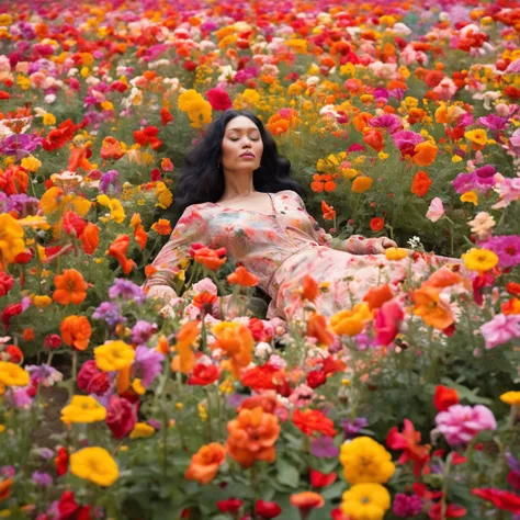 Arapei woman lying in a flower bed in a flower field, The album cover was inspired by Ren Hang, Flickr, magic realism, girl in a bed of flowers, woman in flowers, covered with flowers, girl floating in a flower field, Girl in flowers, Flower beds on the fl...