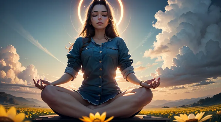 Surrounded by a golden circular halo, Woman sitting cross-legged on a huge golden lotus flower meditating in meditation, Frontal image of the vista, clouds, lifelike texture, happy laughing, (extremely detailed CG unity 16k wallpaper:1.1), ((ultra-detailed...