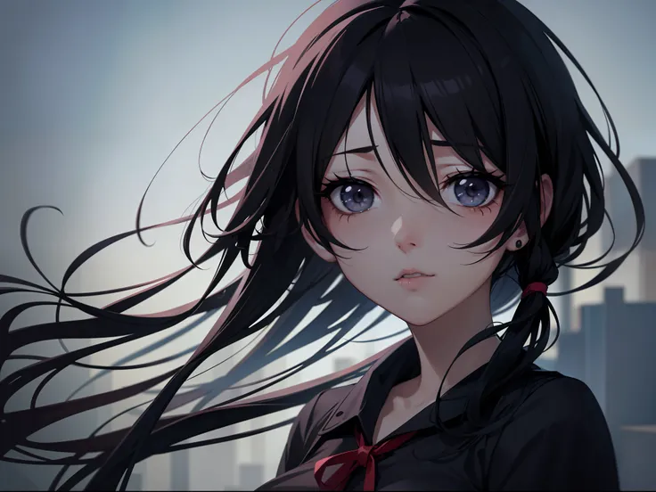 2d, sketch art, one anime woman, sad, black hair, line art, 2d, bokeh, depth of field