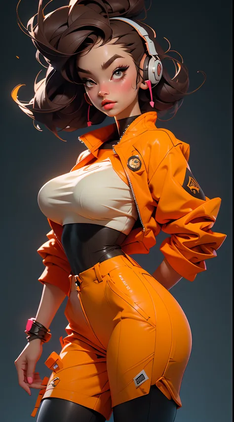 （（best qualtiy）），（（tmasterpiece）），（（Realistis））Hyper-detail photography with book kid wearing neon headphones。Shes having（（brunette color hair）），Wear an orange tech jacket，Exuding（（Beauty and aesthetics））The atmosphere。Bigchest，Large breasts，huge tit，爆乳